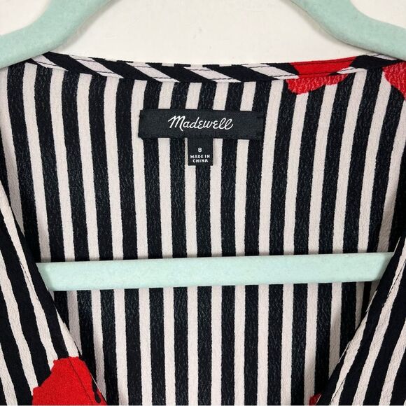 Madewell Black & White Stripe Red Floral Wrap Dress- Ruffle Skirt- Size 8 - Picture 6 of 7